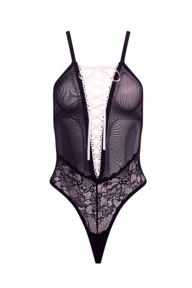 BARELY BARE LACE UP TEDDY BLACK, OS- 840498-4